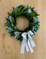 Corona di Alloro per Laurea, mini spighe blu, Gipsofila azzura e bianca