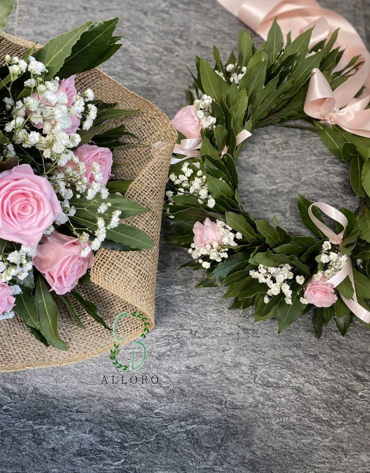 Bouquet per Laurea Rose Stabilizzate Rosa, Velo da Sposa e Alloro