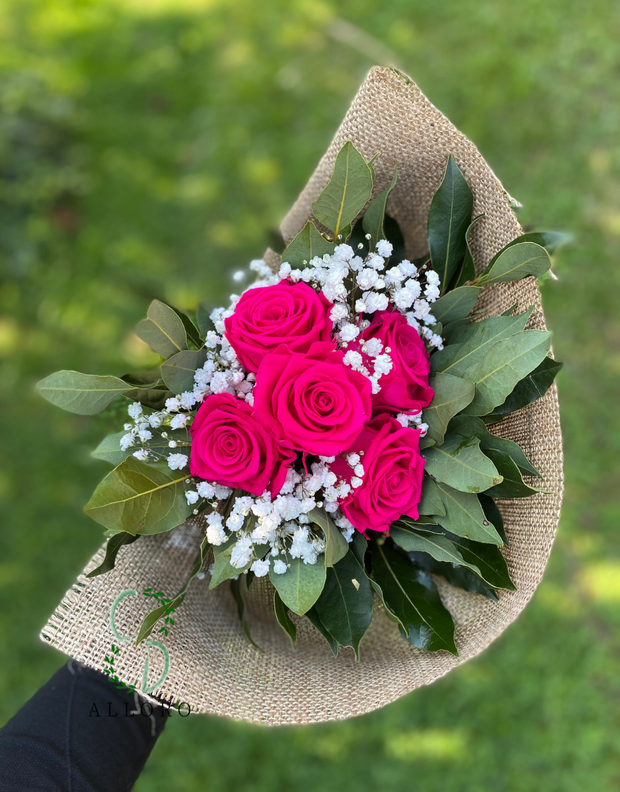 Bouquet per Laurea Rose Stabilizzate Fucsia, Velo da Sposa e Alloro