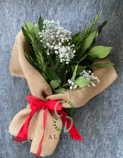 Bouquet per Laurea con Nastro di Raso, Alloro, Rosmarino, Juta e Velo da sposa